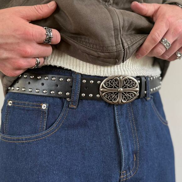 Vintage Chrome Cross Studded Black Belt – Silver Grunge Unisex Style, New - Picture 3 of 8